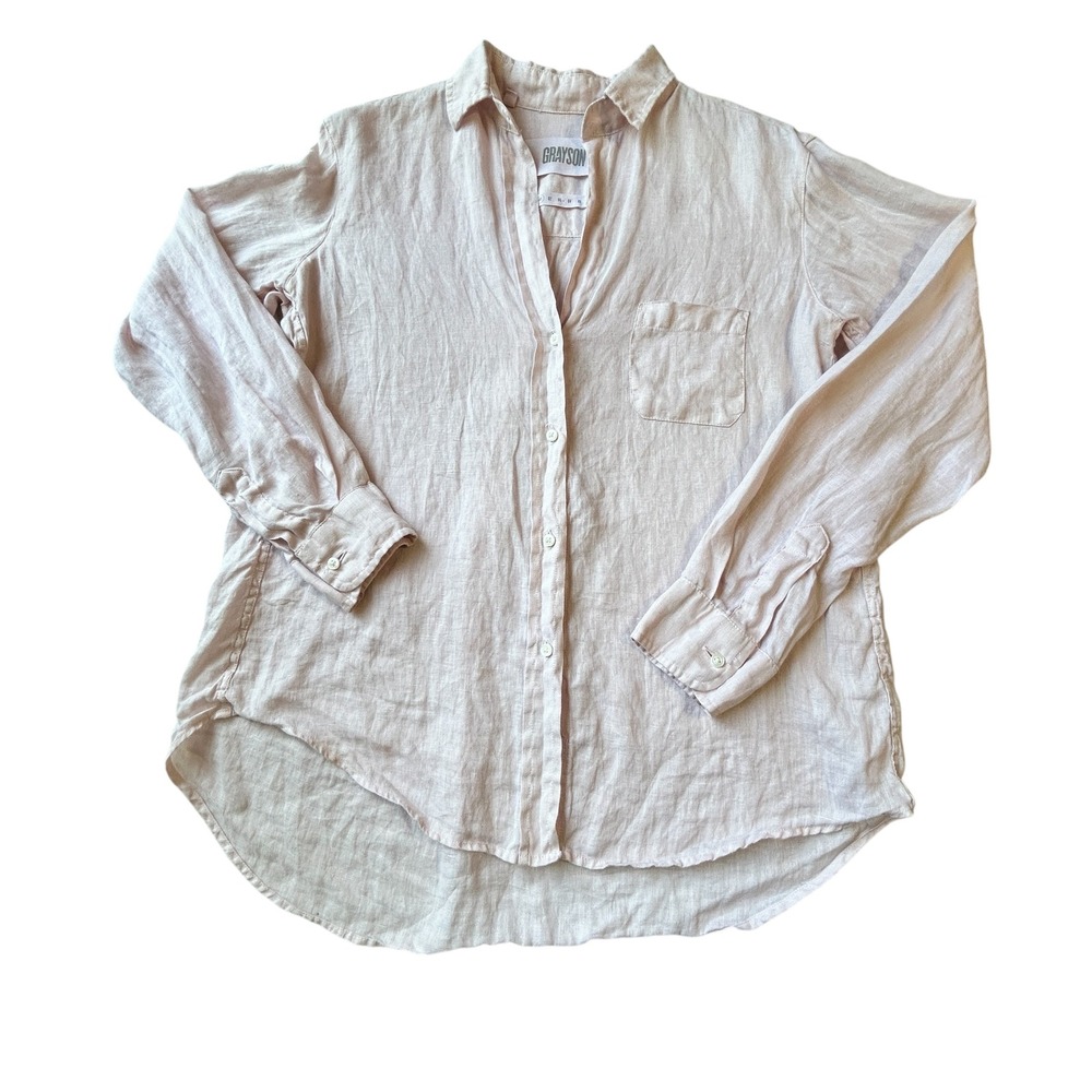 Grayson Hero‎ Linen Button Up Shirt Womens 01 Pink Oversized Coastal